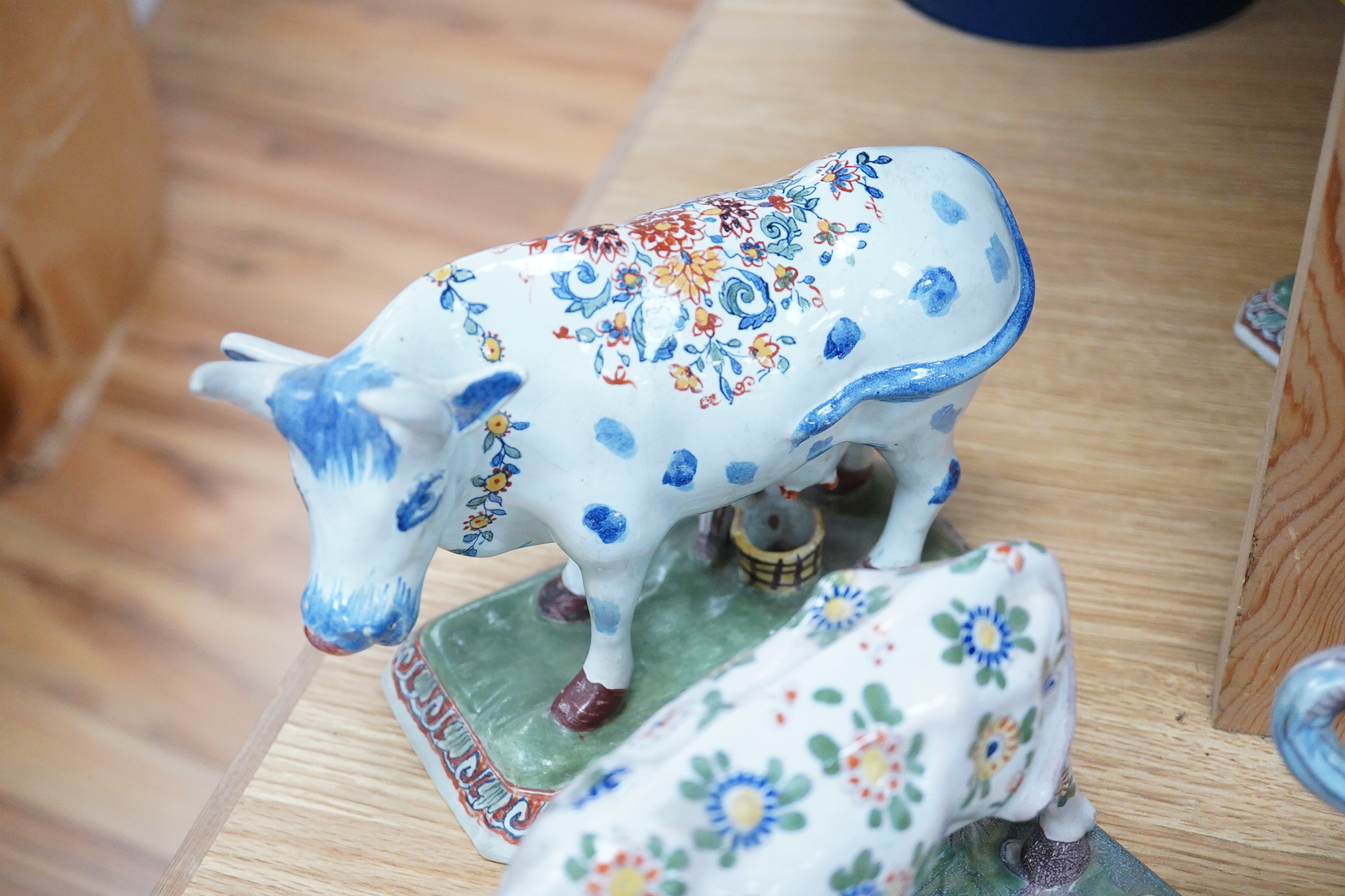 19th century French faience models of cows, a cat and a frog .(9), Tallest 30 cm